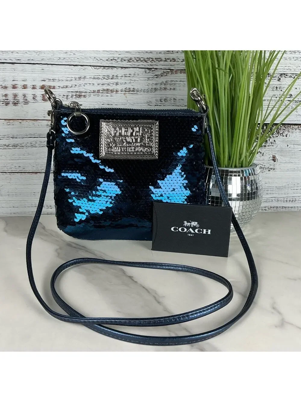 Coach Vintage Poppy Sequins Metallic Blue Sequin‎ Crossbody Bag